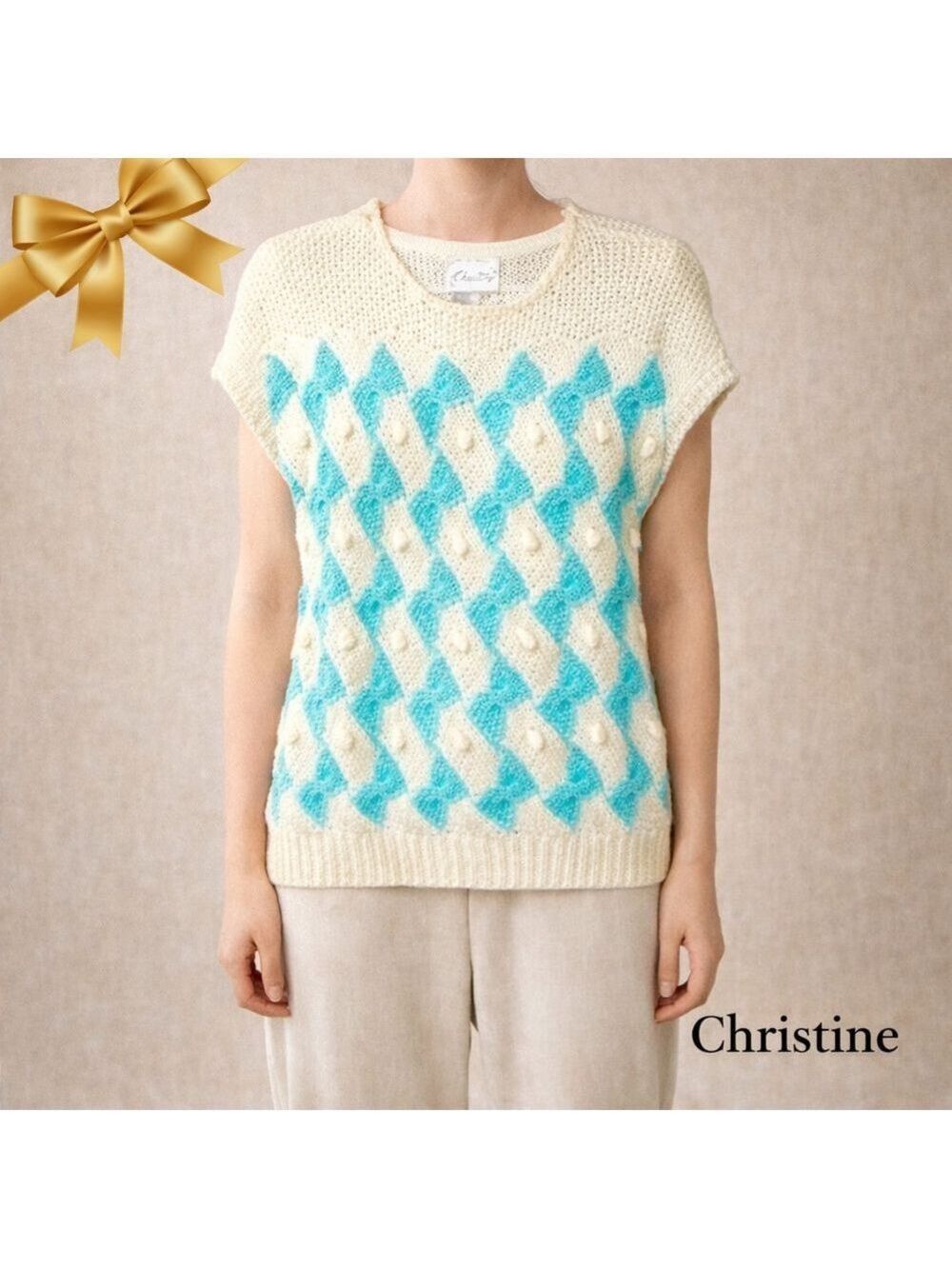 Christine Original Cup Sleeve Sweater Vest Turquoise White Vintage Medium